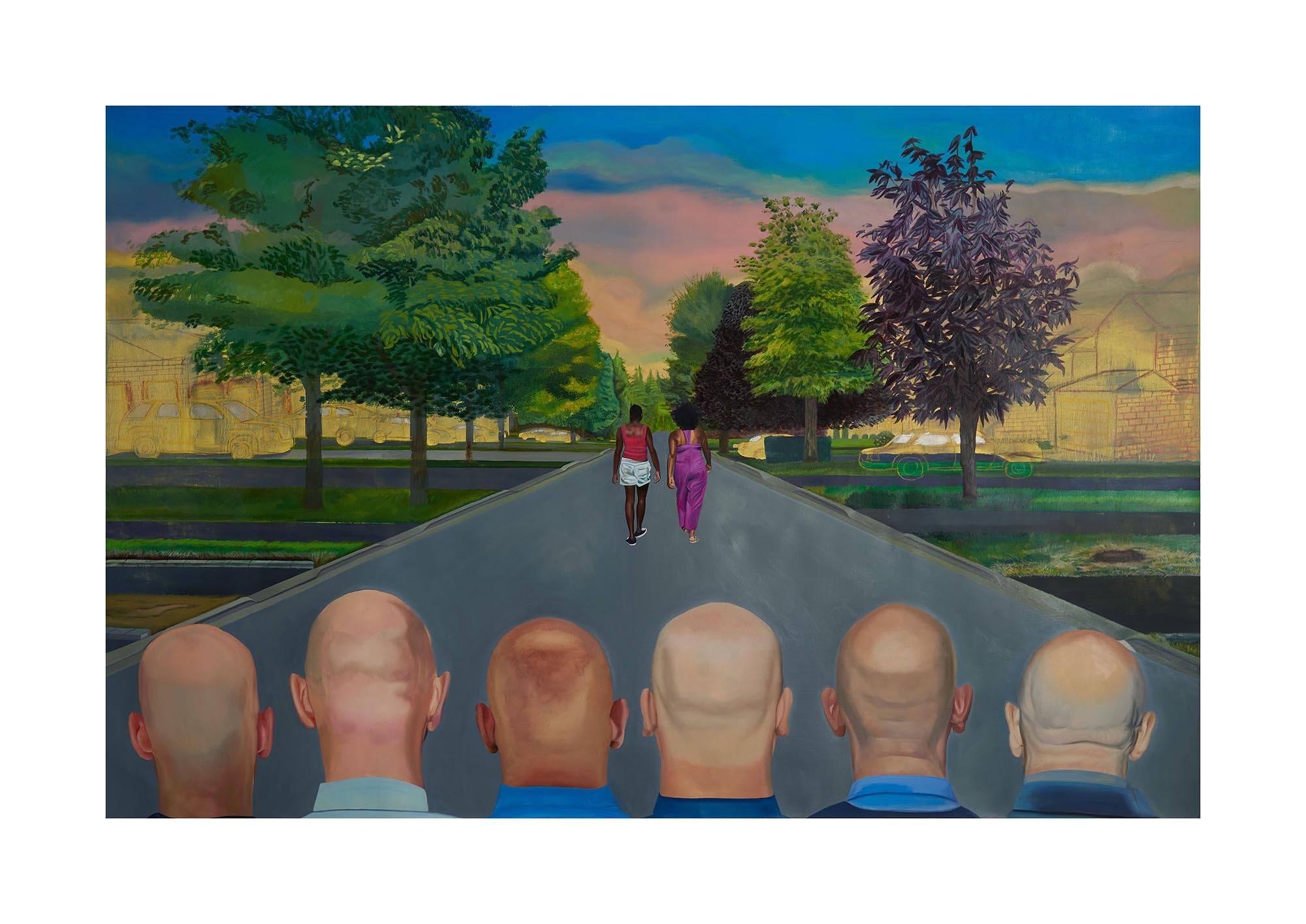 A painting of six bald men with light skin in blue collared shirts watch two women with dark skin walk down a street