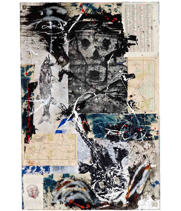 The Styx River, 2021, acrylic, glue, silkscreen, gyotaku, inkjet print, denim, pigment on canvas, 60 x 40 in