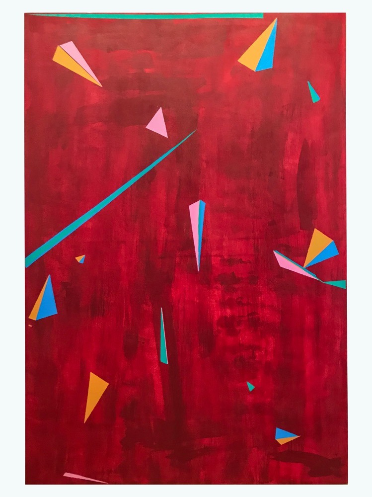 A painting of triangles and pyramids on a red ground