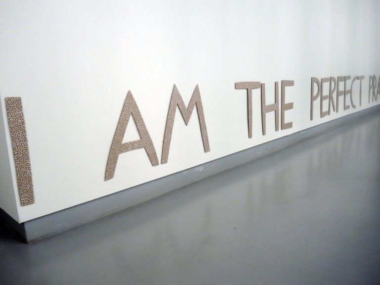 An image showing part of a sentence on a wall that reads "I am the perfect pra-"
