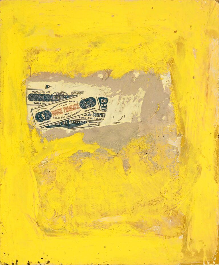 A yellow painting with Bougie Francaise packaging at its center.