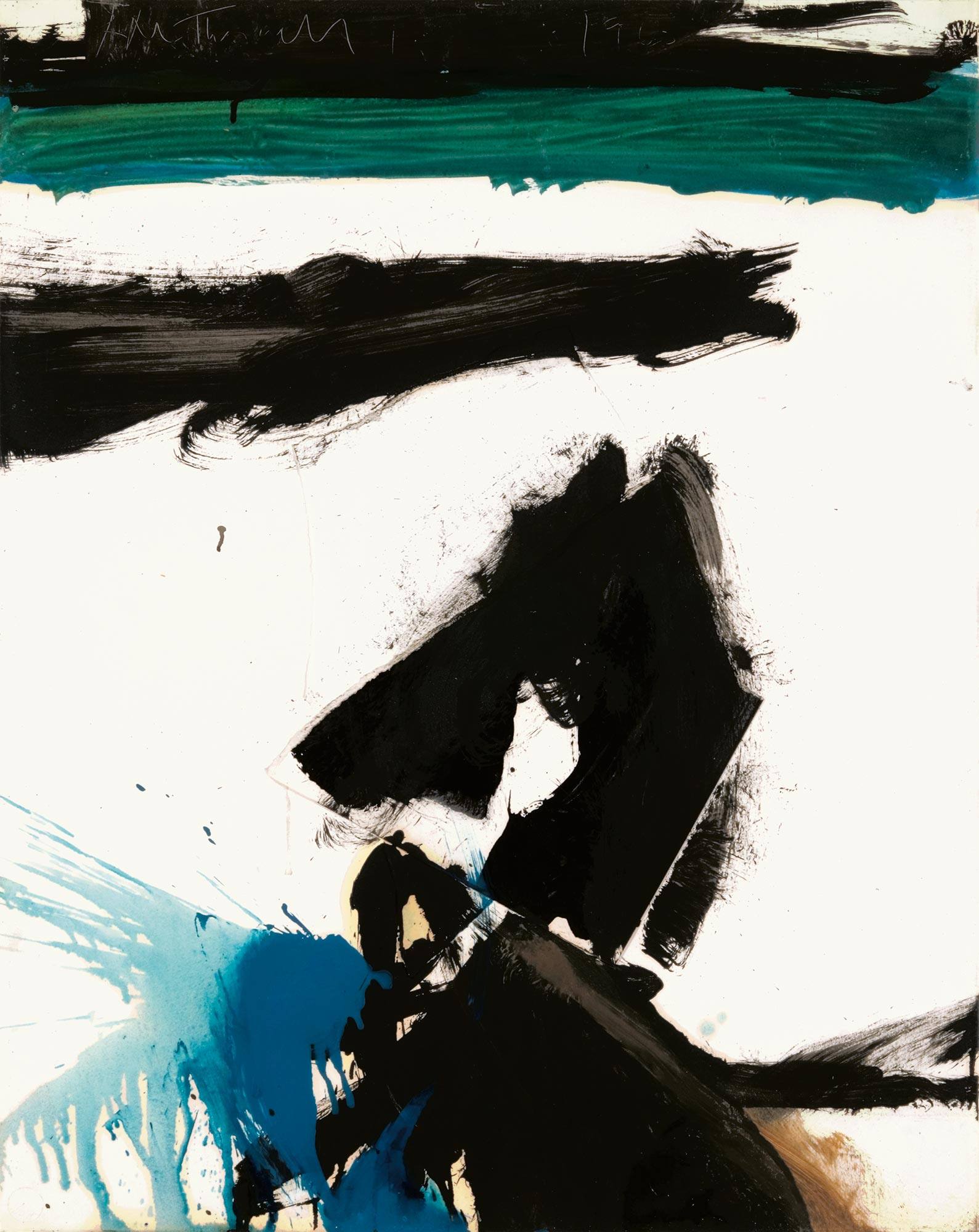 An abstract painting with black, blue and green smeared paint