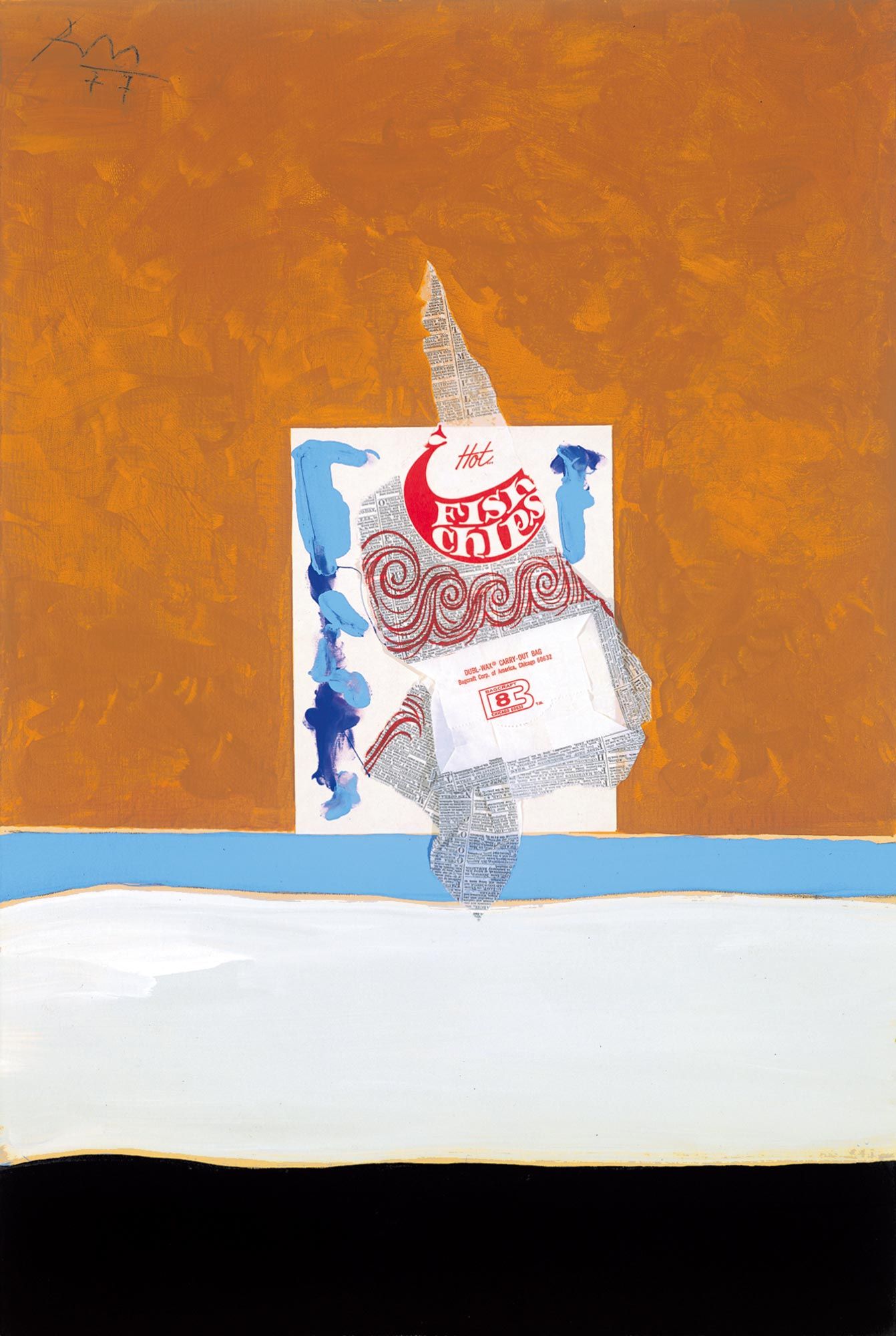a collage with torn packaging from fish and chips at the center