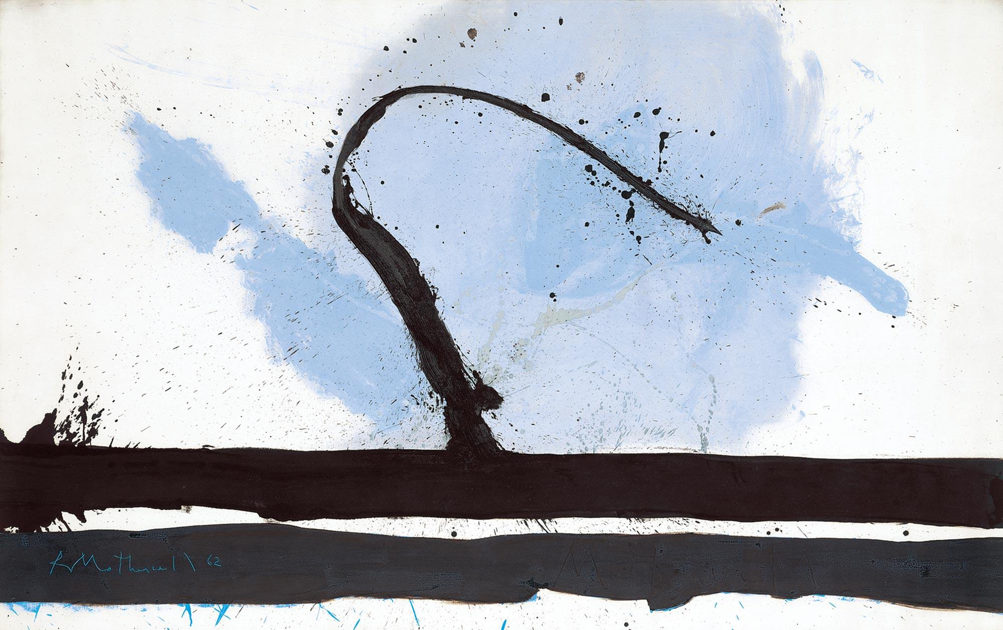 an abstract painting in black, blue and white