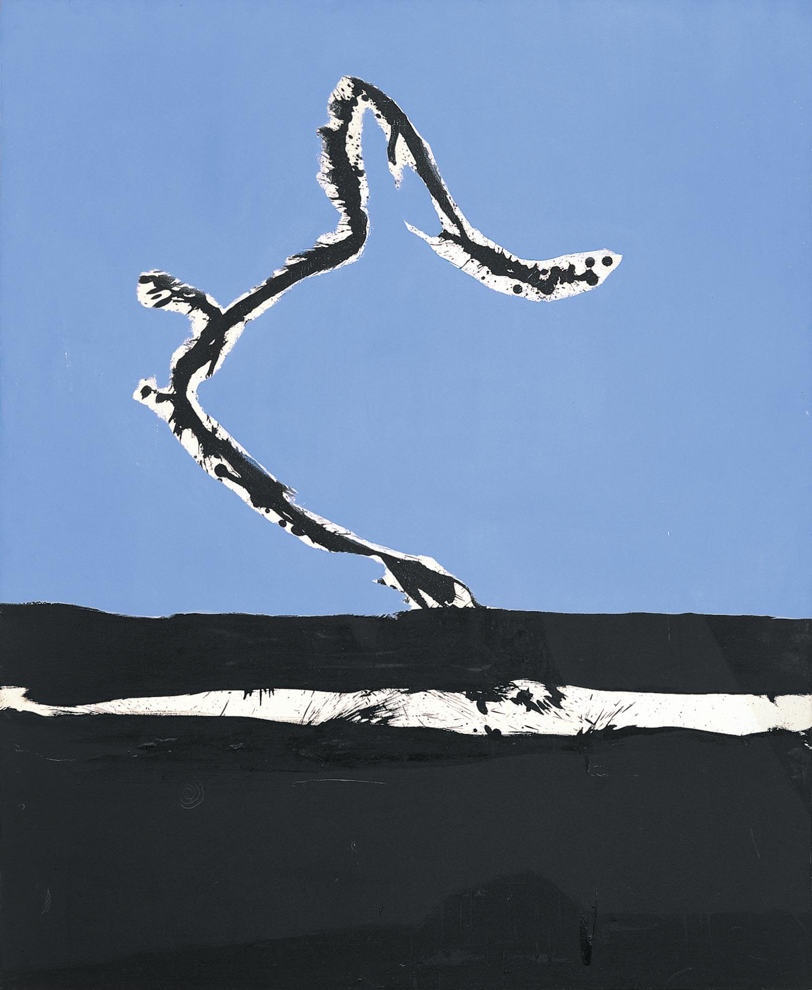 a painting with splattered black shapes on a blue field