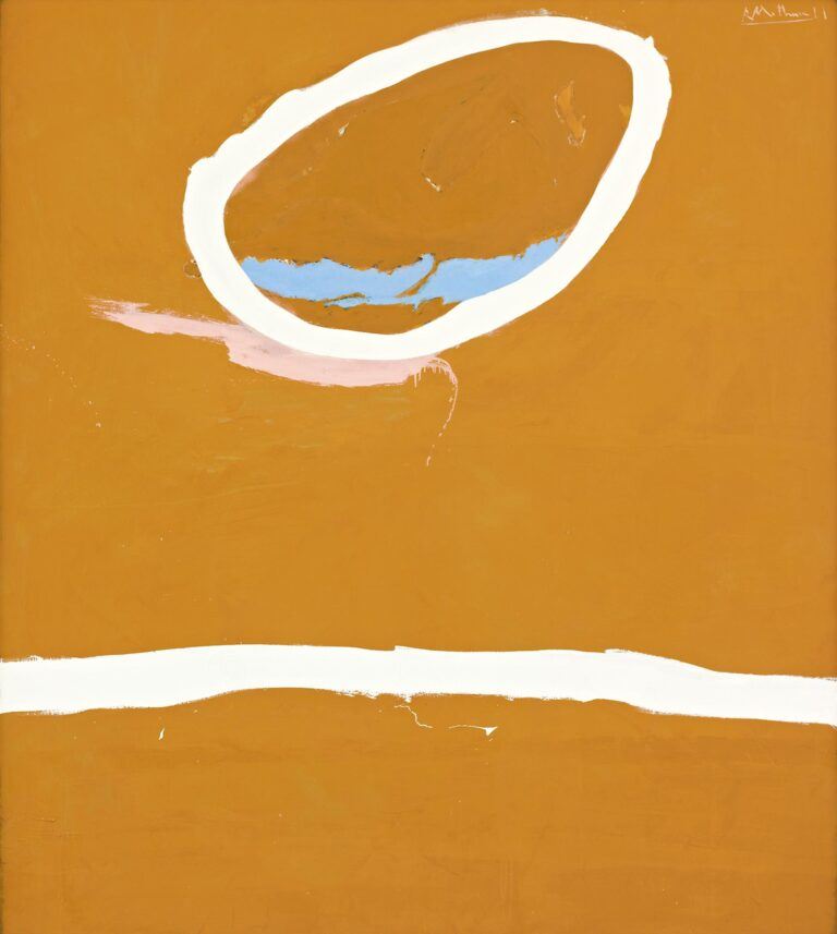 a painting of white shapes on an ochre field