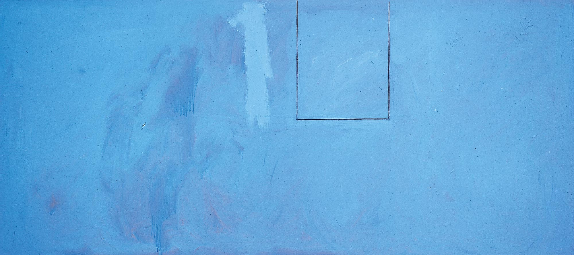 A blue horizontal painting with a rectangle outlined toward the top right