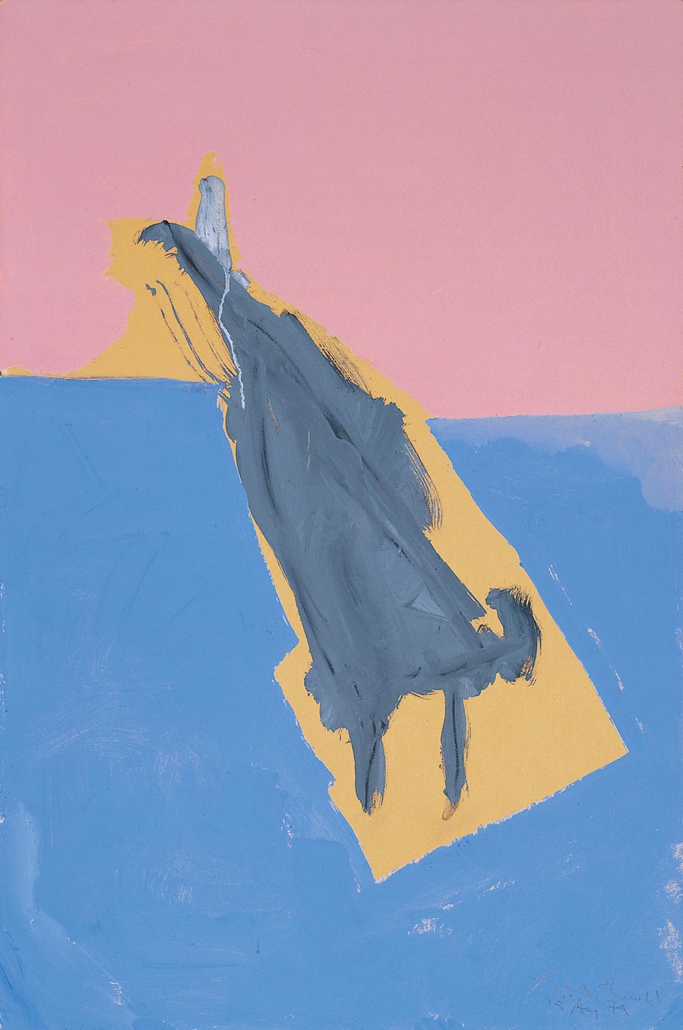 An abstract painting with a central gray form on a blue and pink background