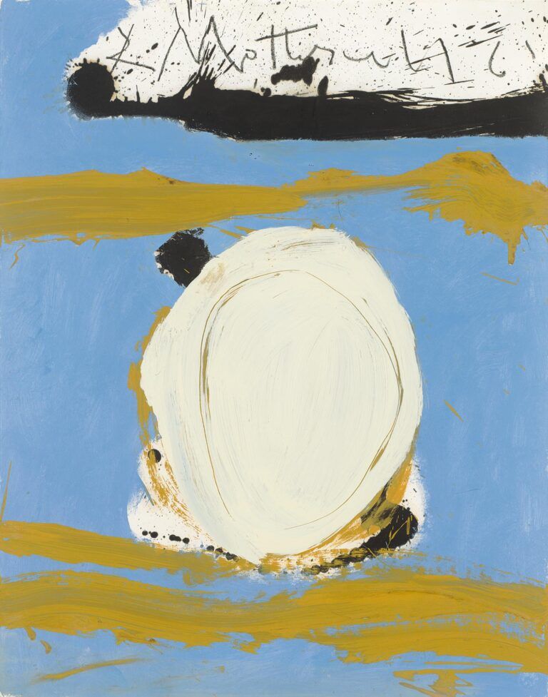 an abstract painting with a white round form at the middle and yellow and black bands on a blue background