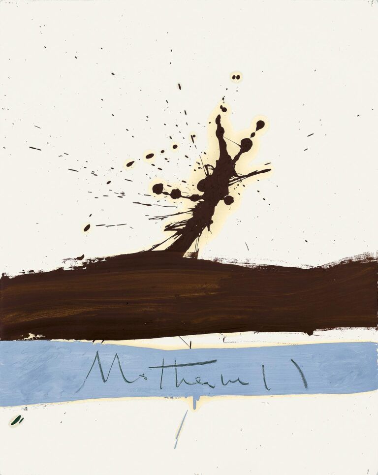 An abstract painting of smeared and splashed blue and brown paint on a white ground
