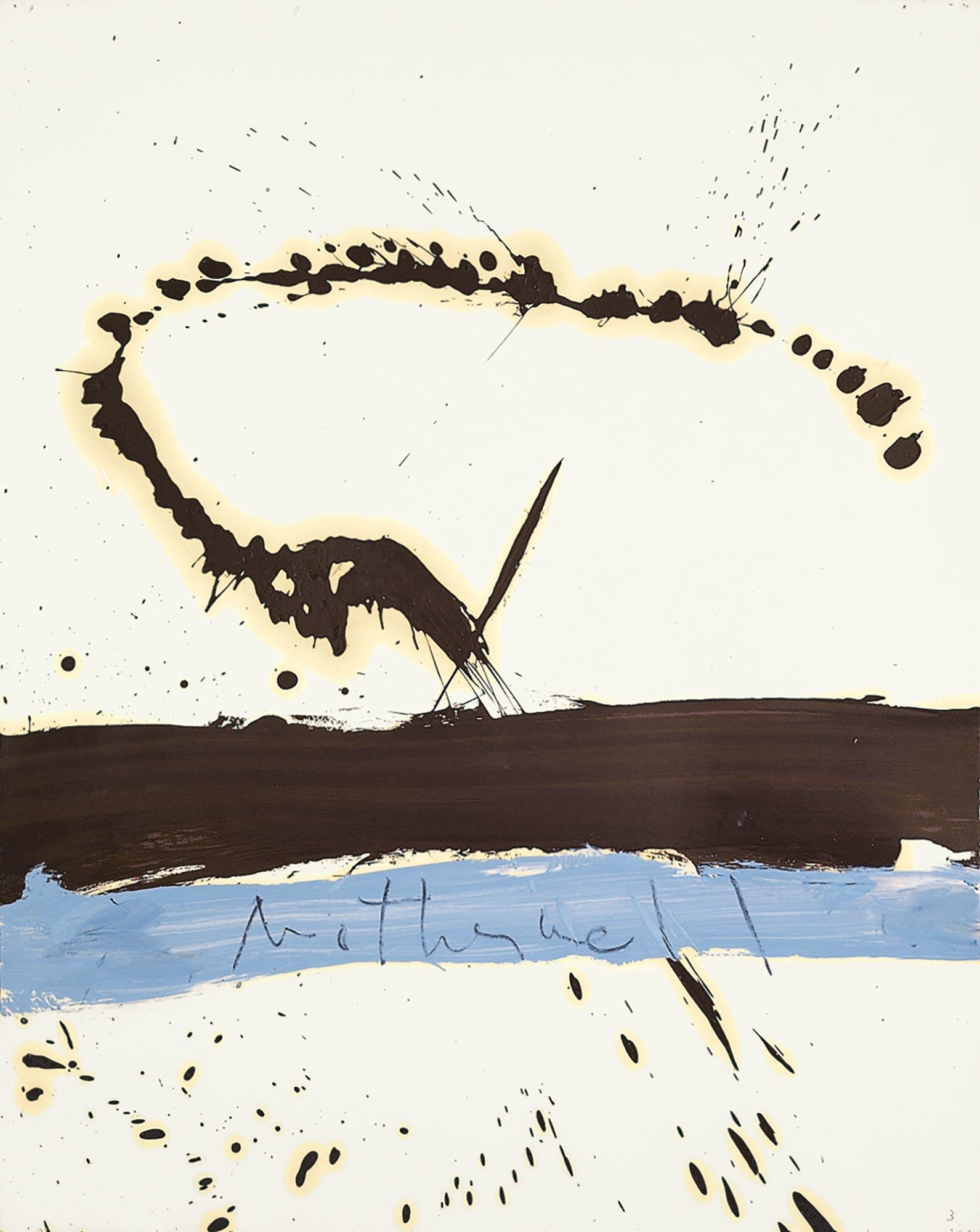 An abstract painting of smeared and splashed blue and brown paint on a white ground