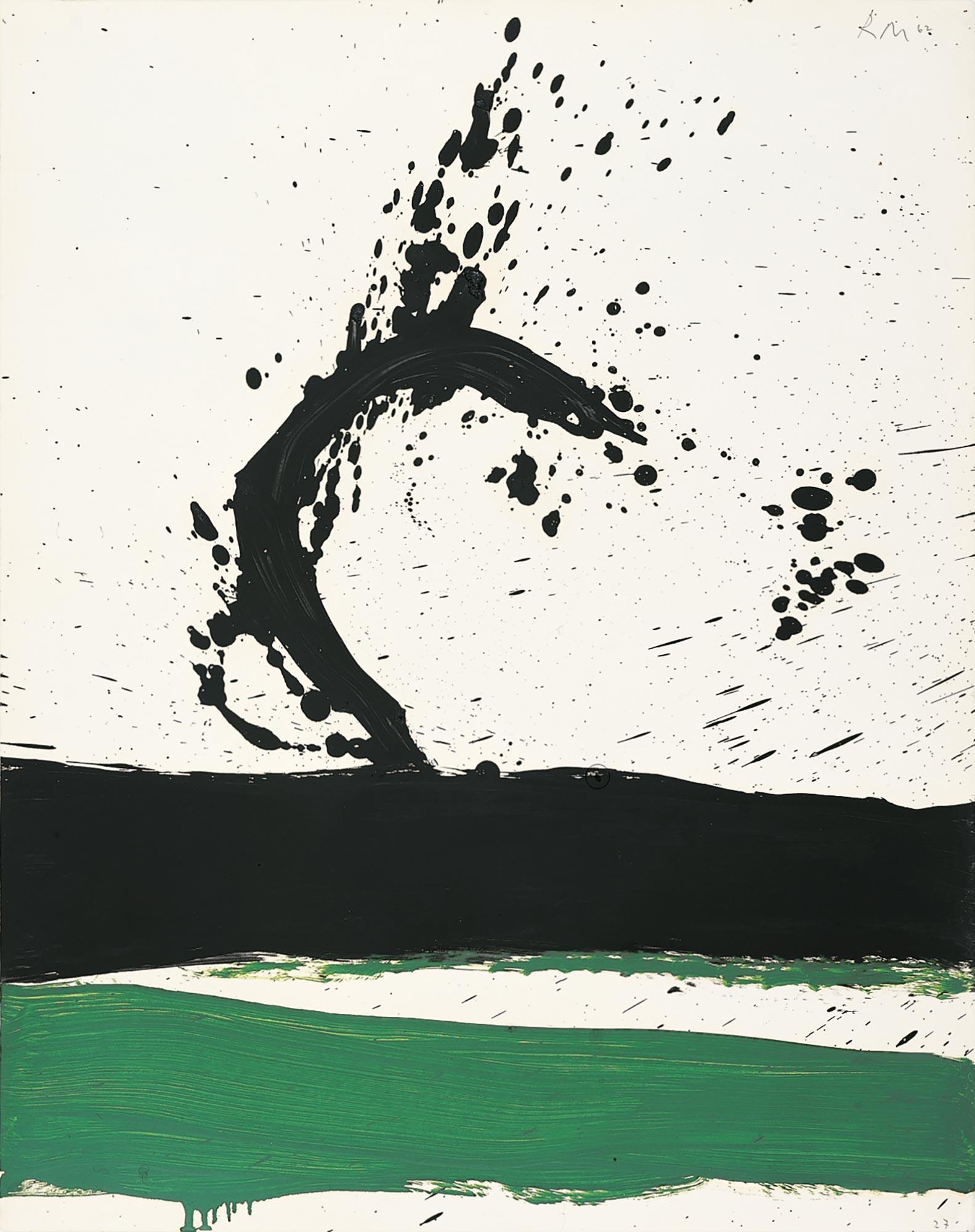 An abstract painting of smeared and splashed green and black paint on a white ground
