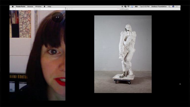 A screen shot containing two images: a woman's face on the left and a sculpture on the right