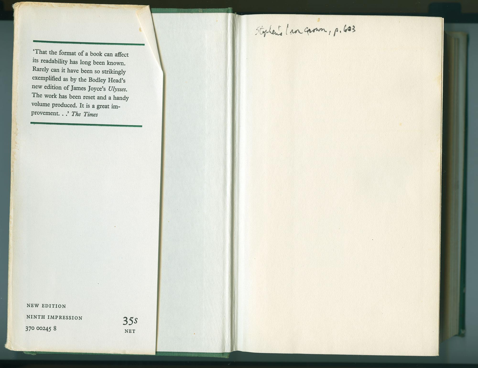 the interior cover of Ulysses with Stephen's iron crown, p. 603 written in