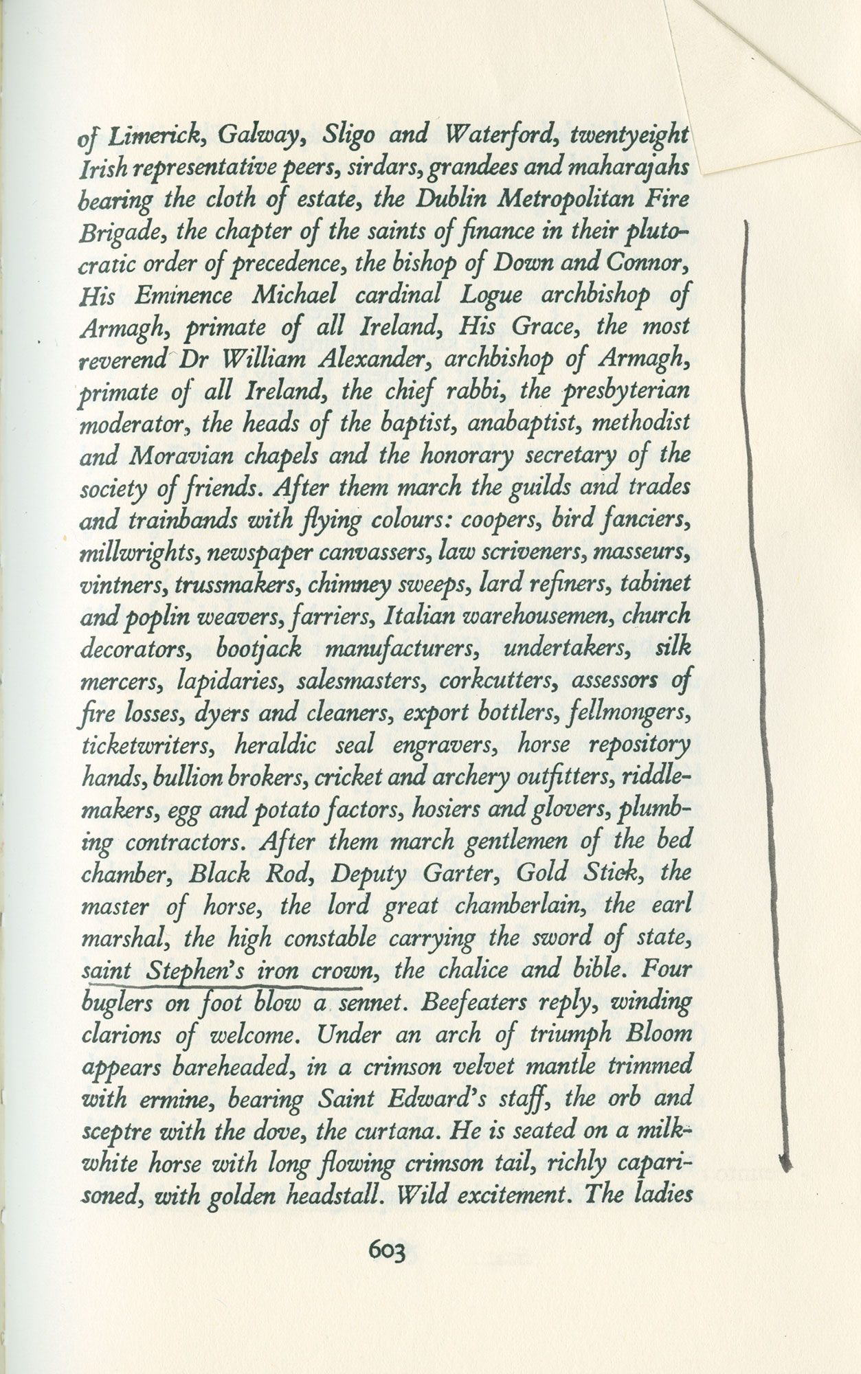 a page from the book Ulysses with an underline under the words "saint Stephen's iron crown"