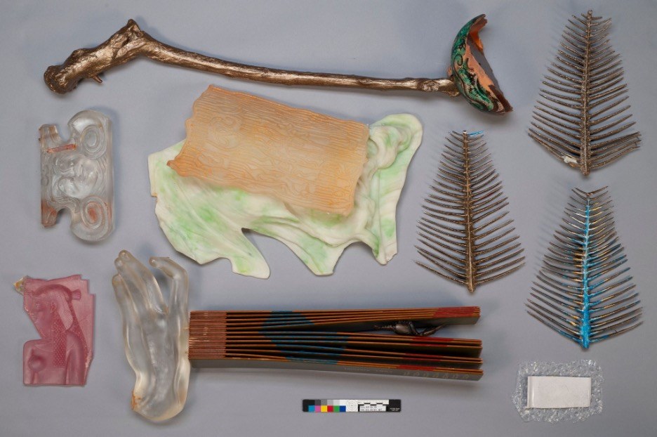 Objects laid out as a collection to be examined
