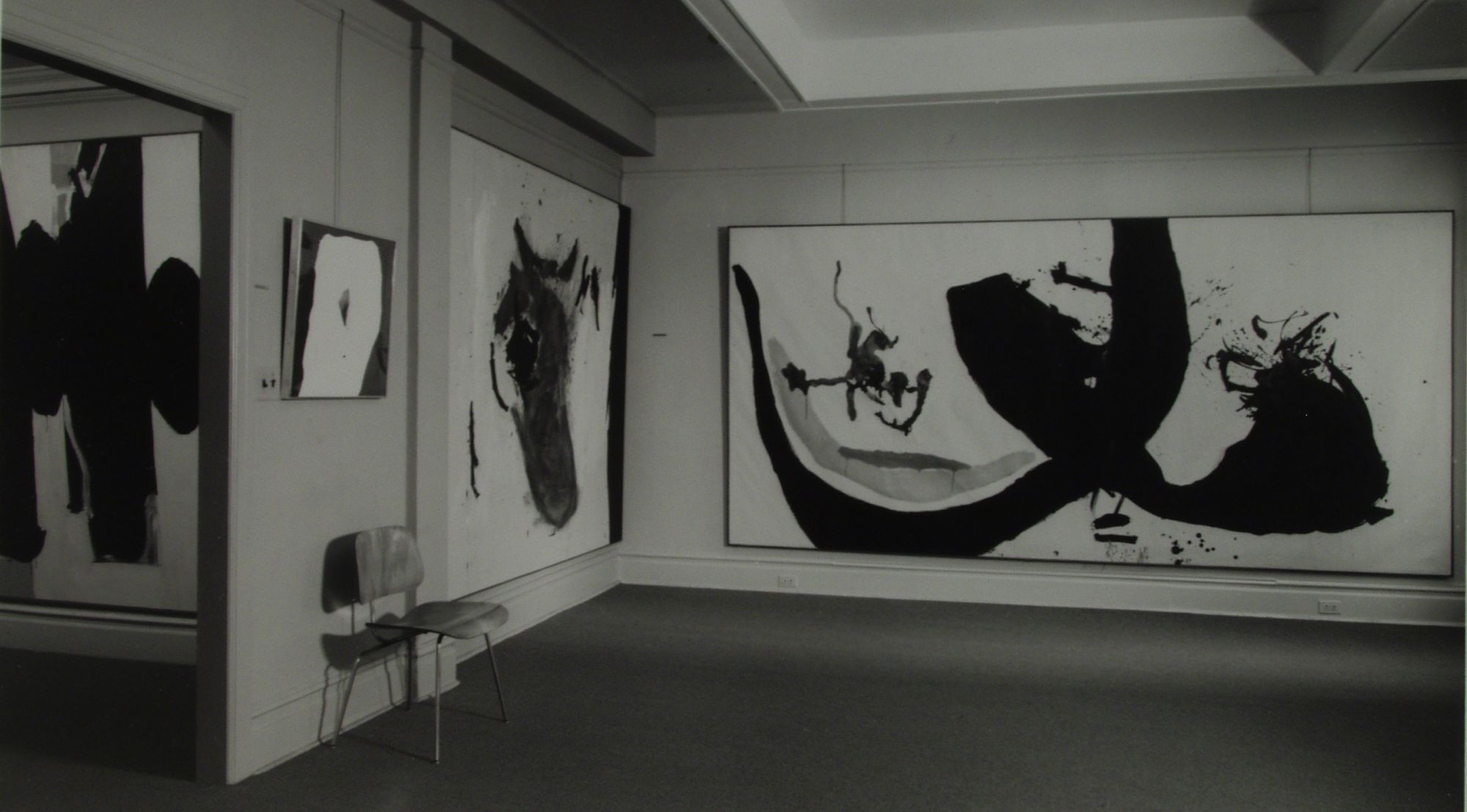 Installation view of Robert Motherwell at the Sidney Janis Gallery, April 1961. From left to right: Elegy to the Spanish Republic No. 58,  Greek Collage, Painting, and Black on White