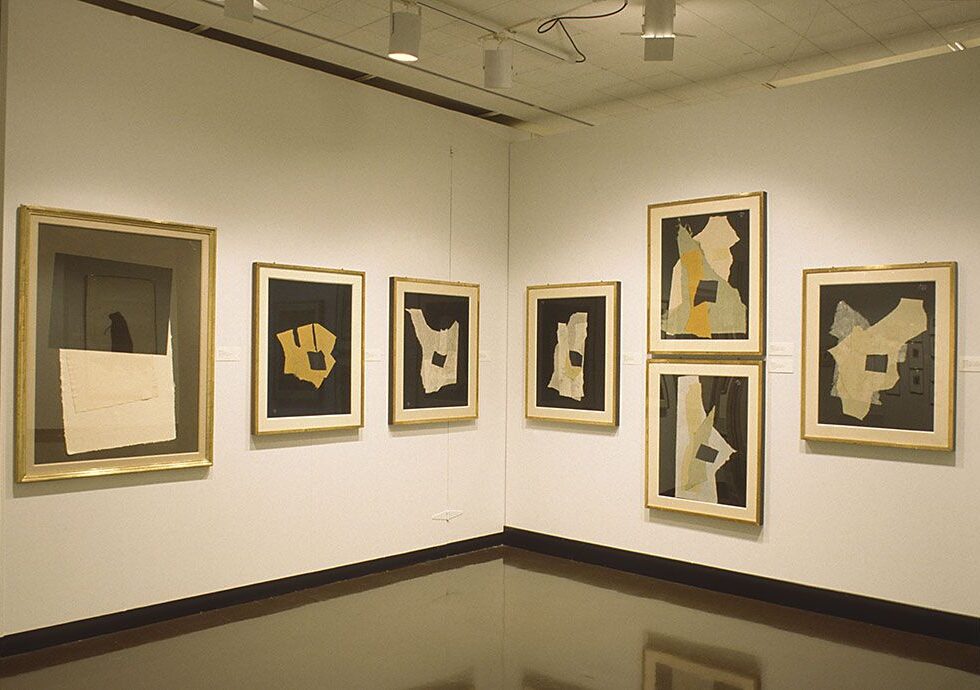 An installation image featuring multiple collages by Robert Motherwell