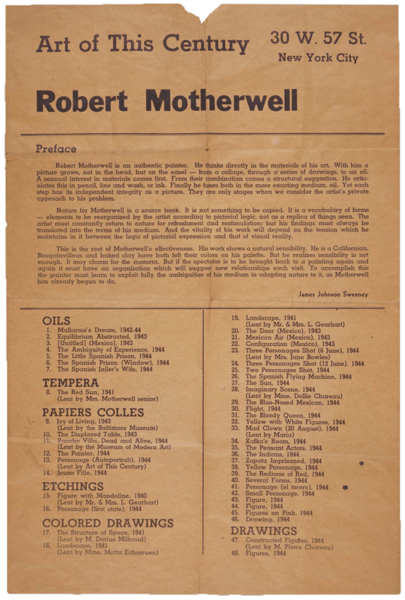 Checklist and preface for the exhibition Robert Motherwell at Art of This Century, 1944. Features gray text on a ten background.