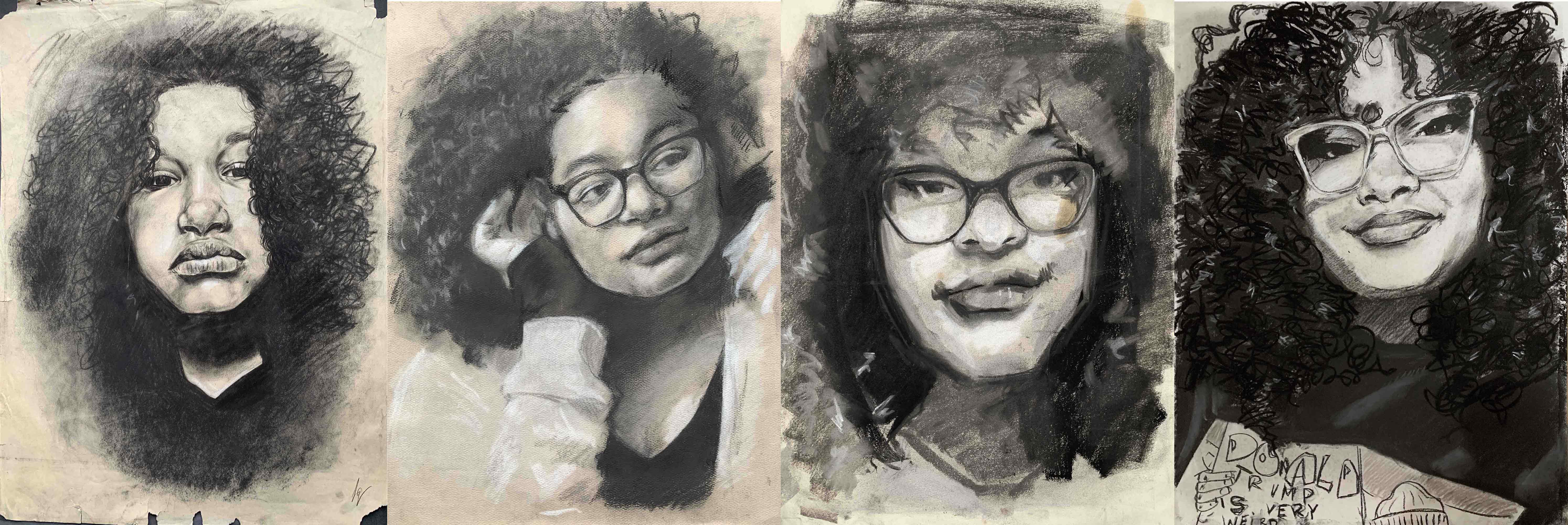 Four charcoal drawings of a young woman