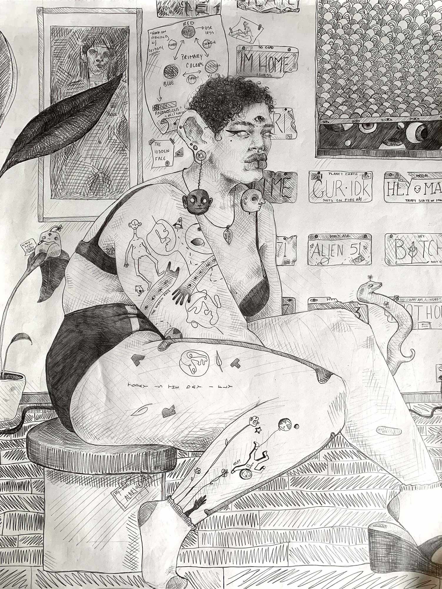 A drawing of a tattooed woman in her home