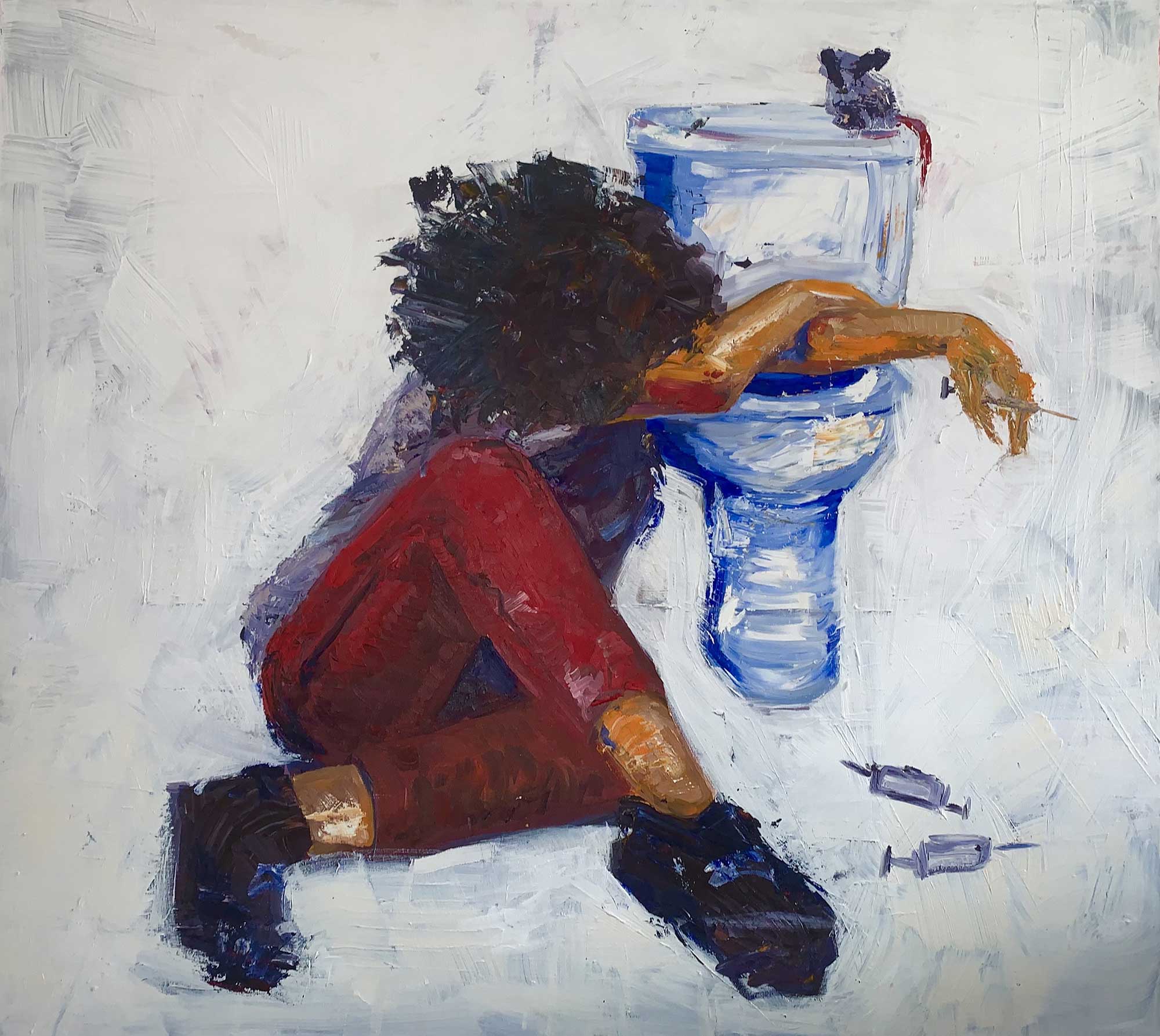 A painting of a person sitting next to a toilet