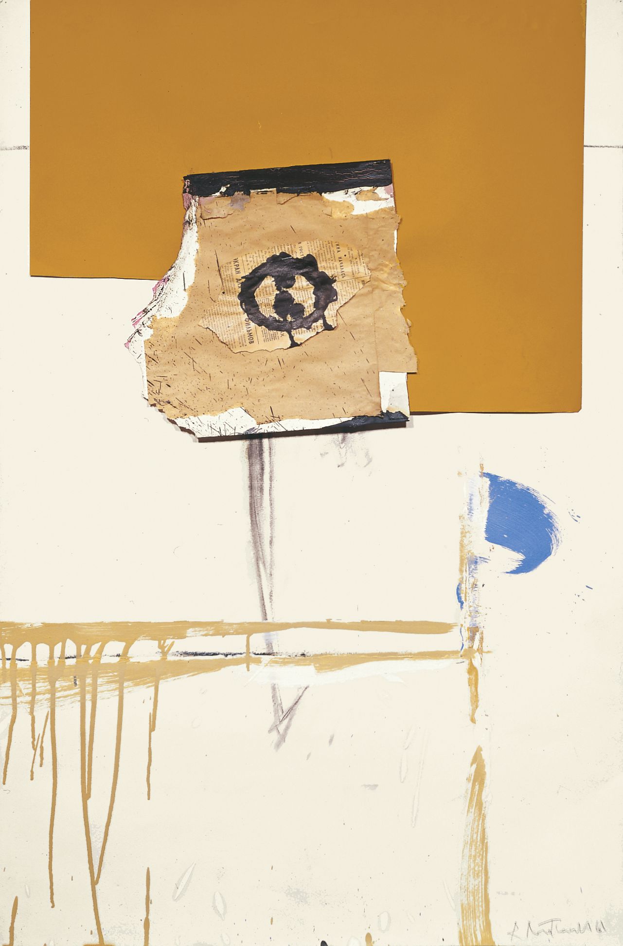 In White and Yellow Ochre, 1961. Oil, tempera, pasted papers, ink, and charcoal on paper, 40 7/8 x 27 inches (103.8 x 68.6 cm)
