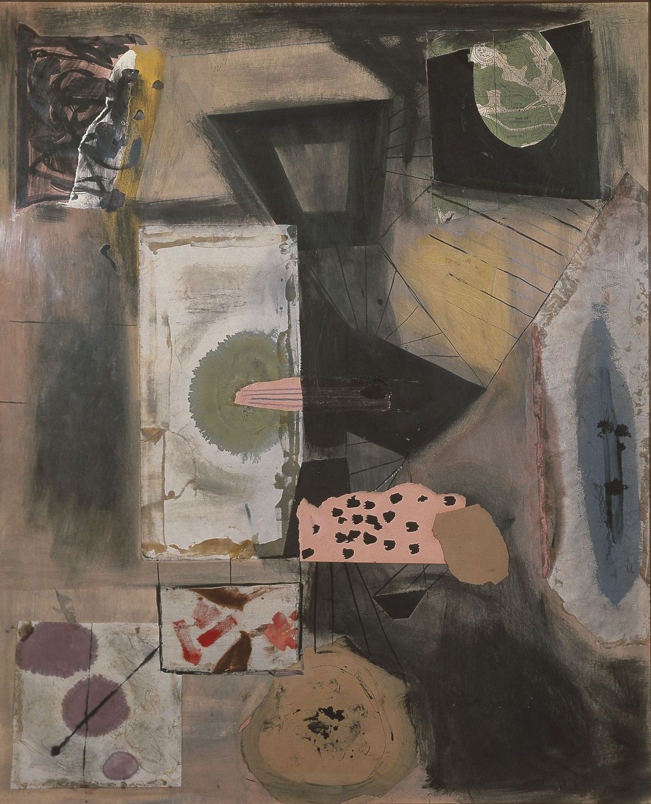 Joy of Living, 1943. Oil, gouache, pasted papers, pasted fabric, crayon, charcoal, and ink on paperboard, 43 ½ x 33 5/8 inches (110.5 x 85.4 cm)