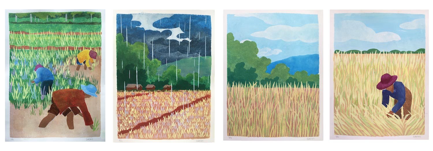 Four paintings of farmworkers and the land