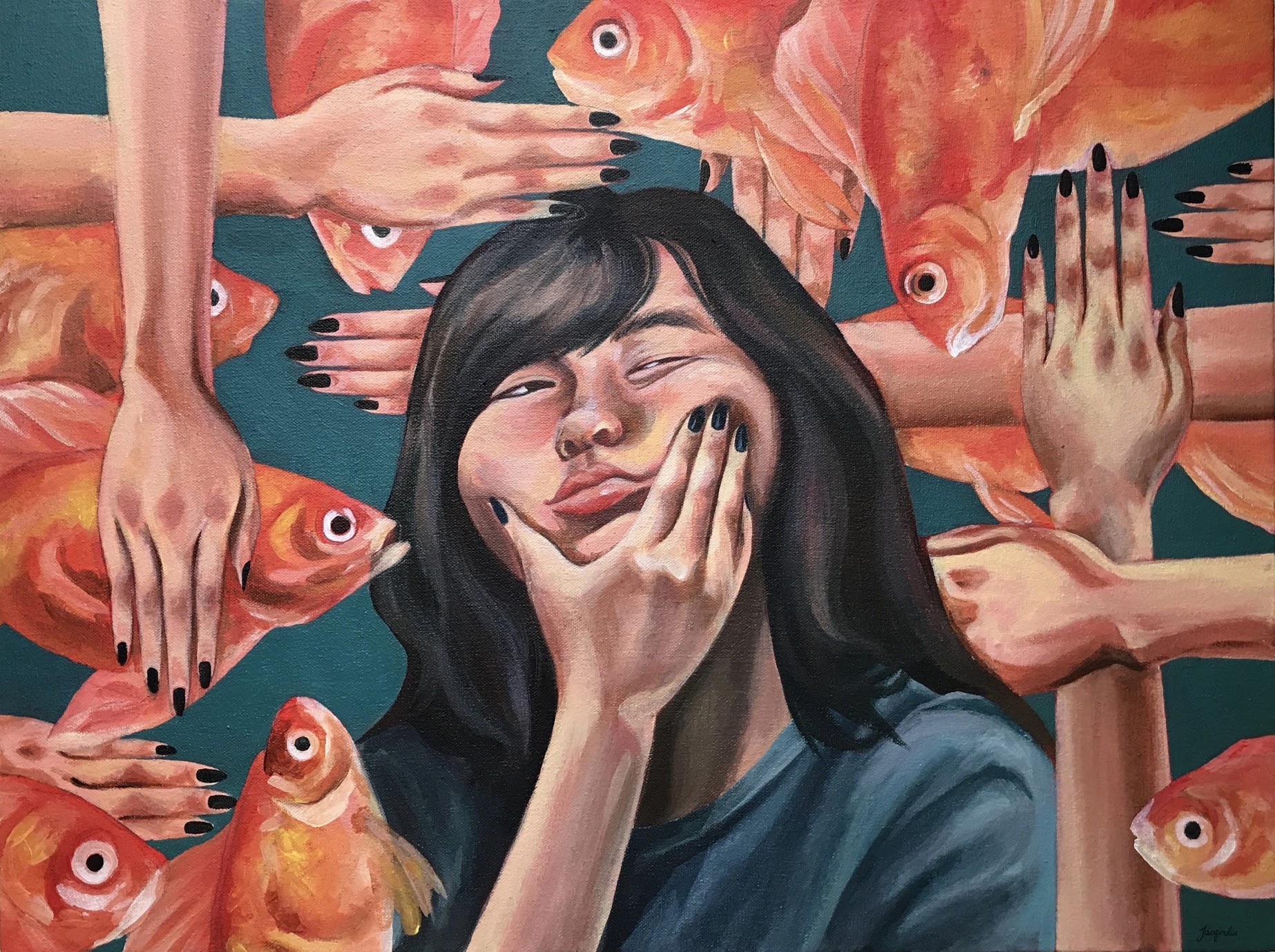 A painting of a girl with goldfish