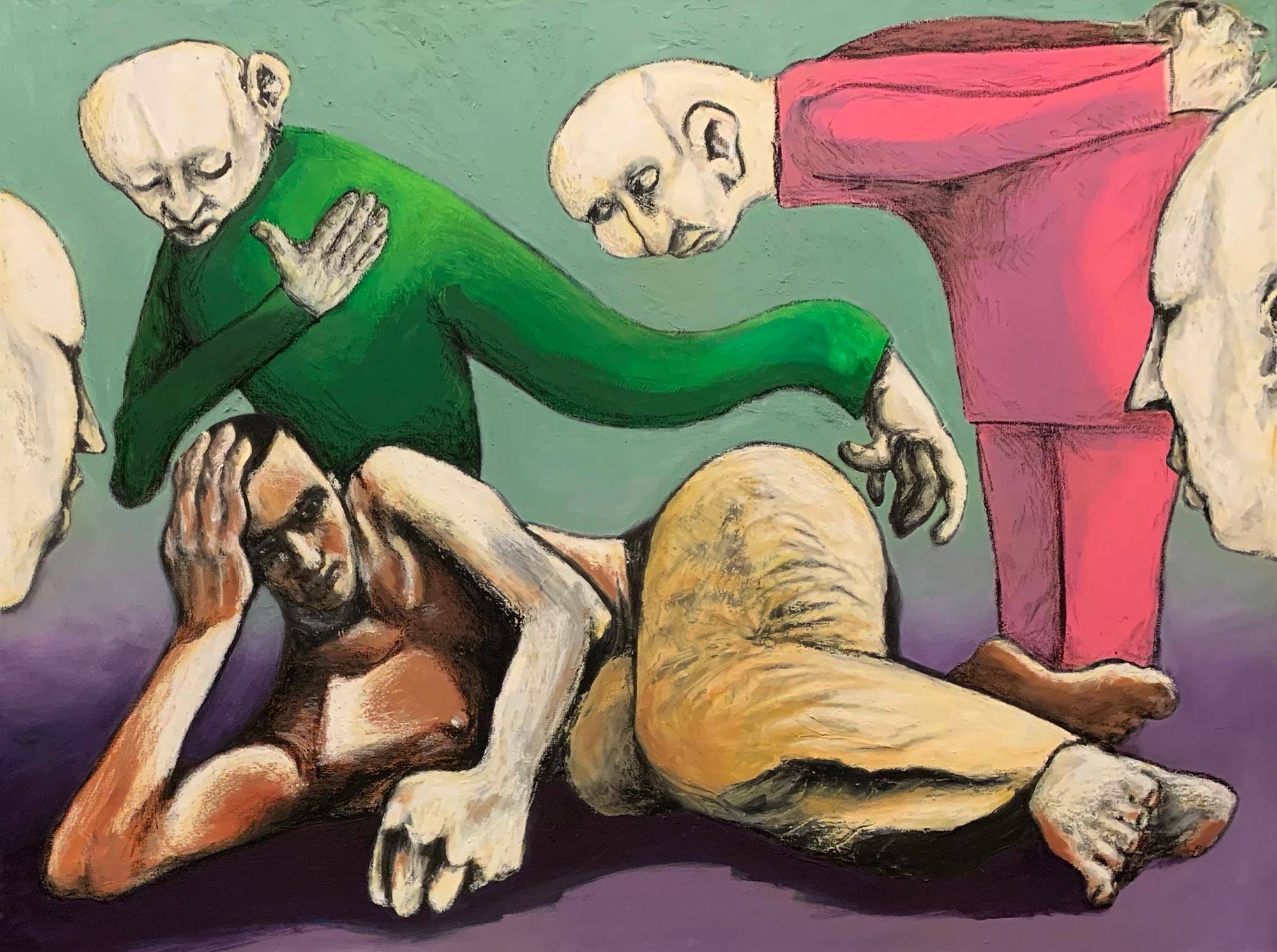 A painting of three figures