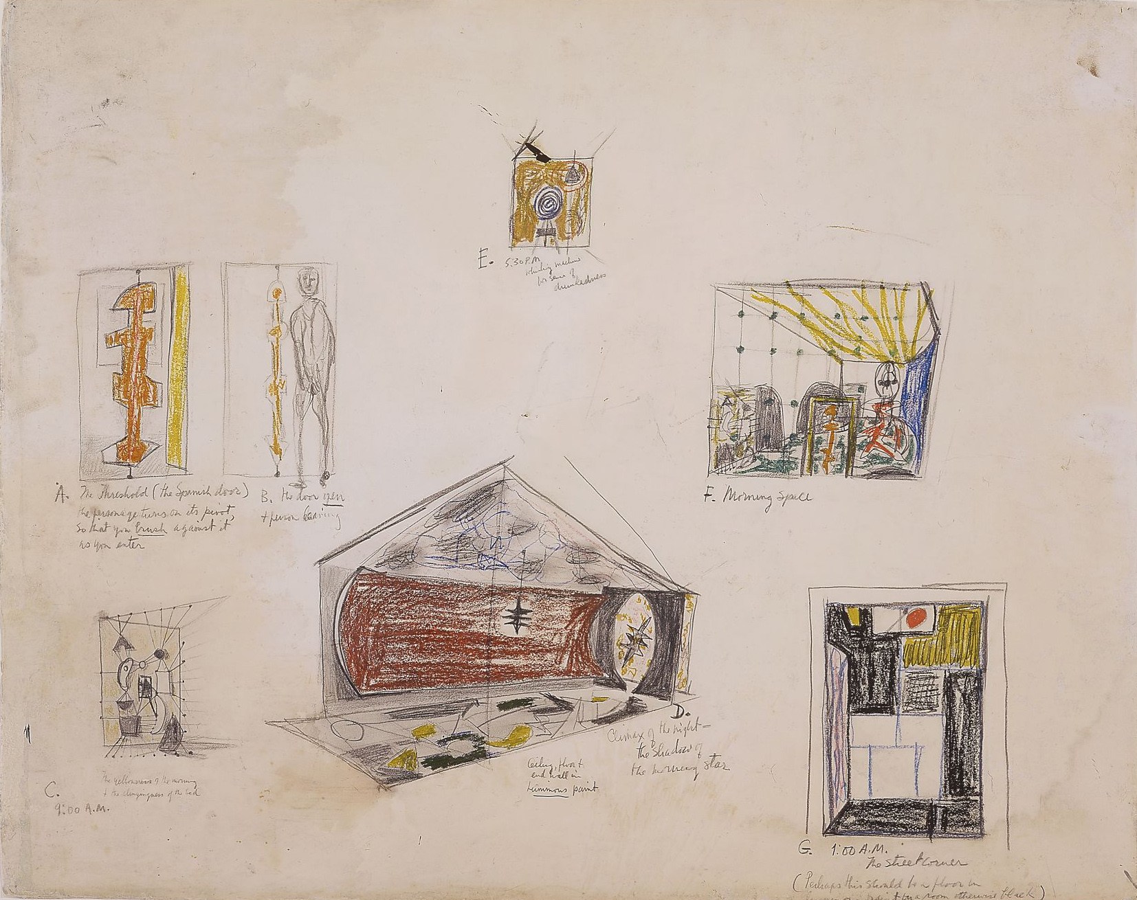 Untitled (drawing for The Hours of the Day), ca. 1942. Ink, graphite, colored pencil, and crayon on paper, 19 x 23 inches (48.3 x 58.4 cm)