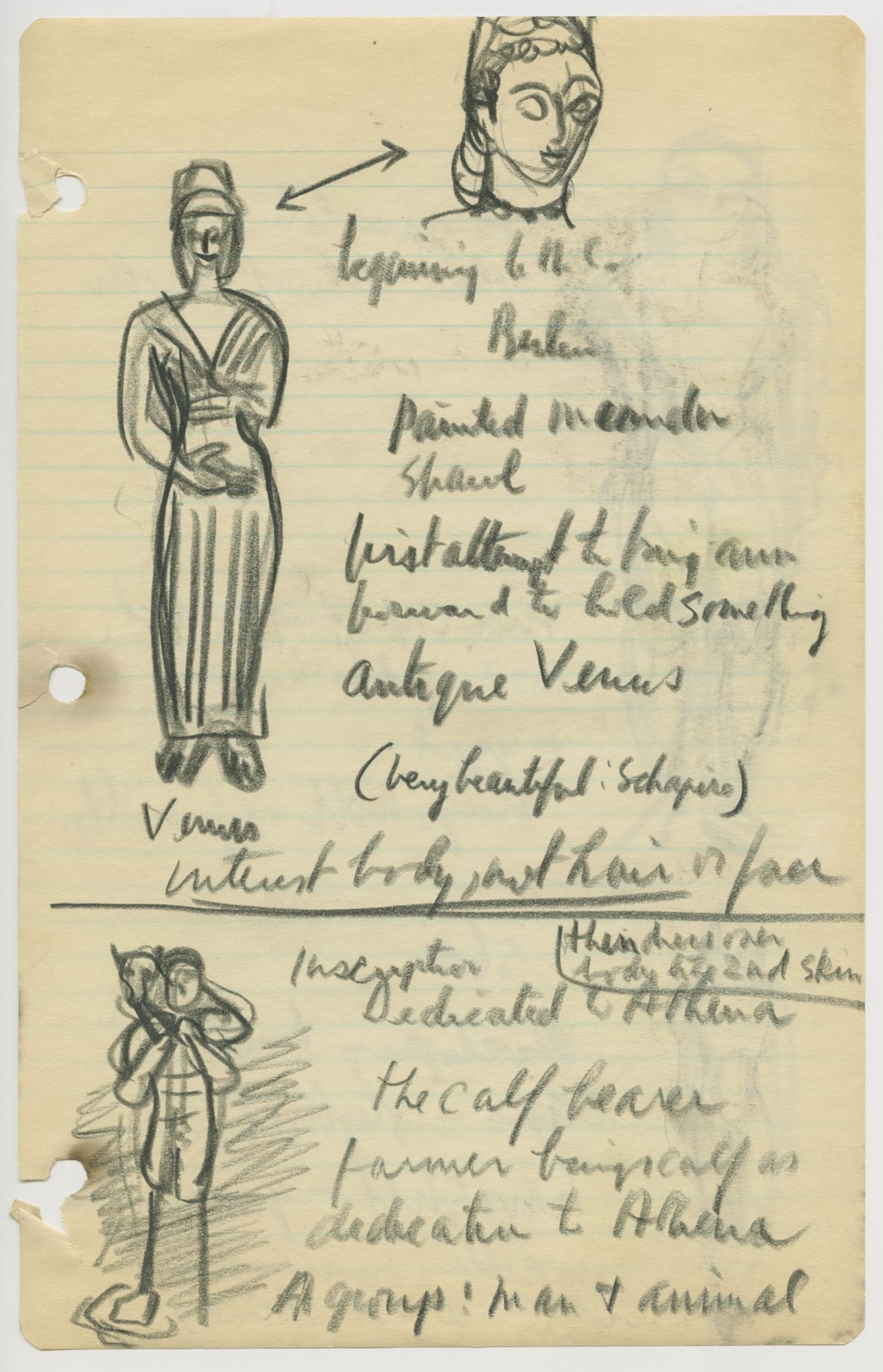Page from Motherwell’s Greek art lecture notes, November 13, 1940. At left is Motherwell’s sketch of the Berlin Kore.