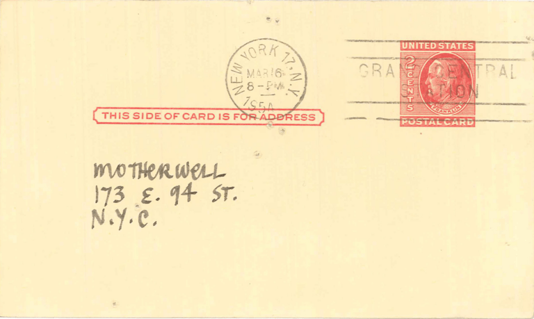 Postcard from Ad Reinhardt to Robert Motherwell, 1954