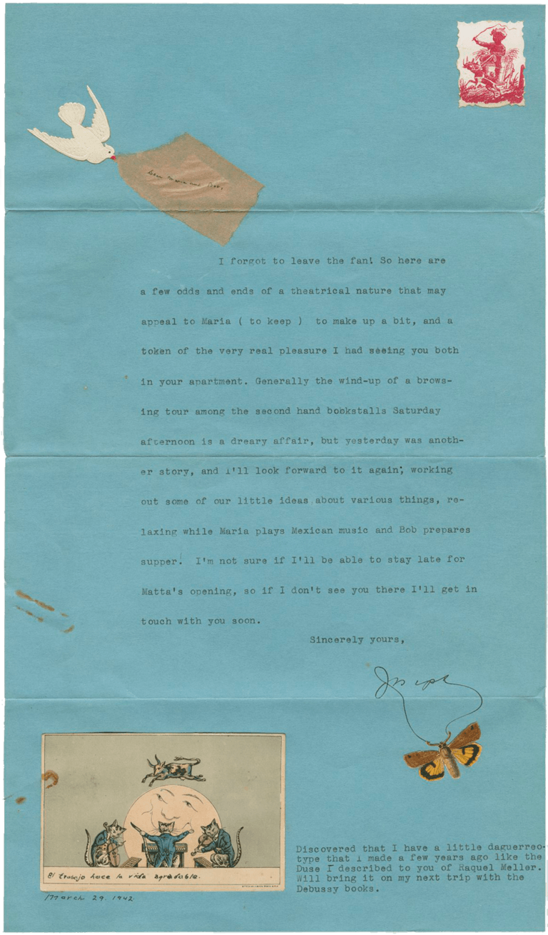 Letter from Joseph Cornell on blue paper with cutouts of papers glued on, 1942