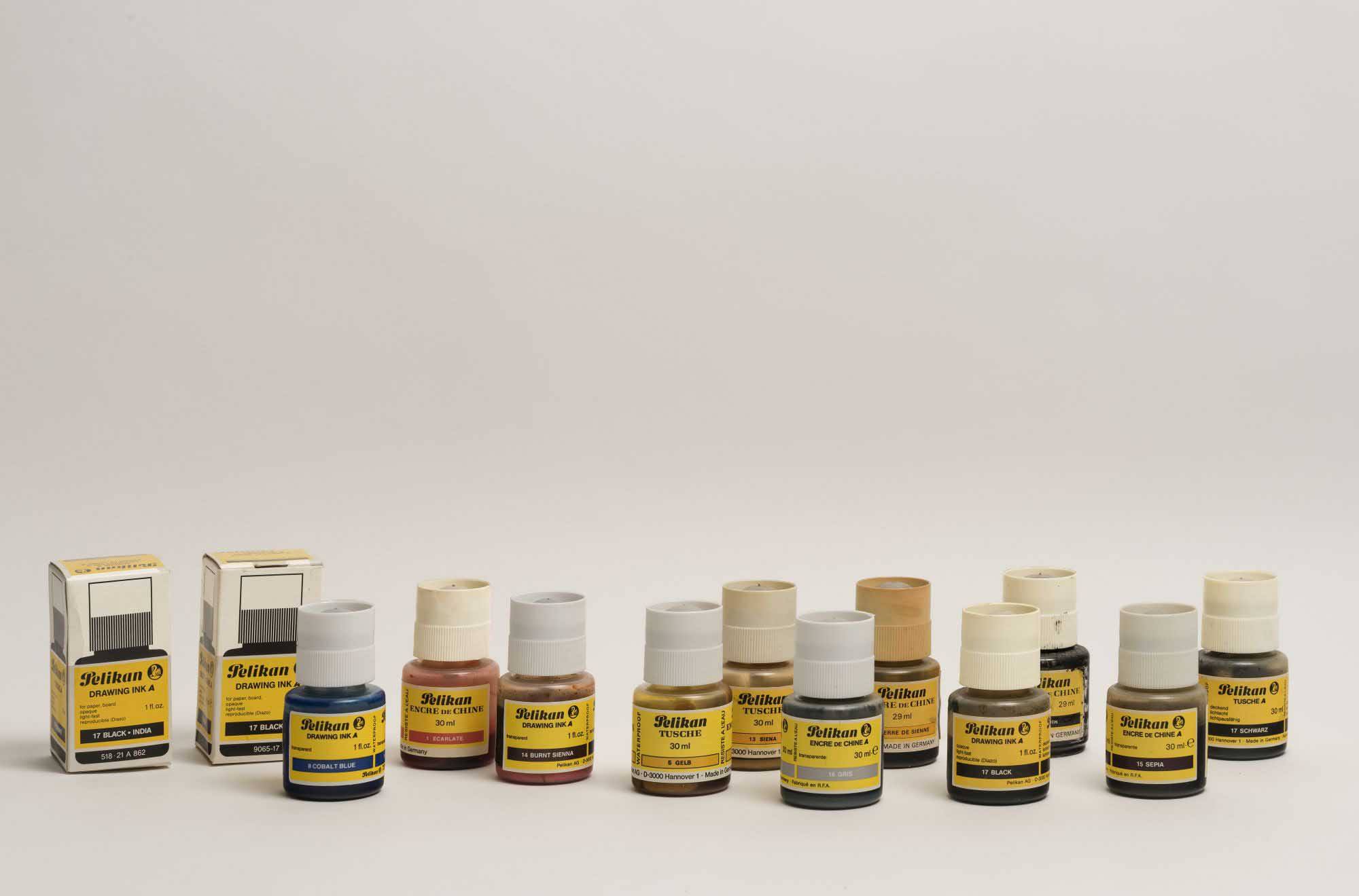 An array of used Pelikan drawing inks
