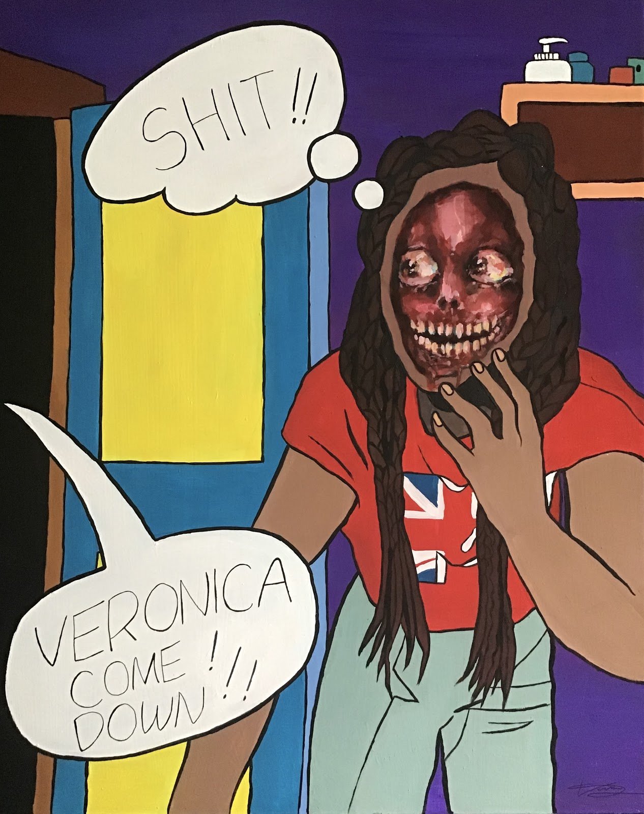 A comic style painting of a young girl with the skin removed from her face