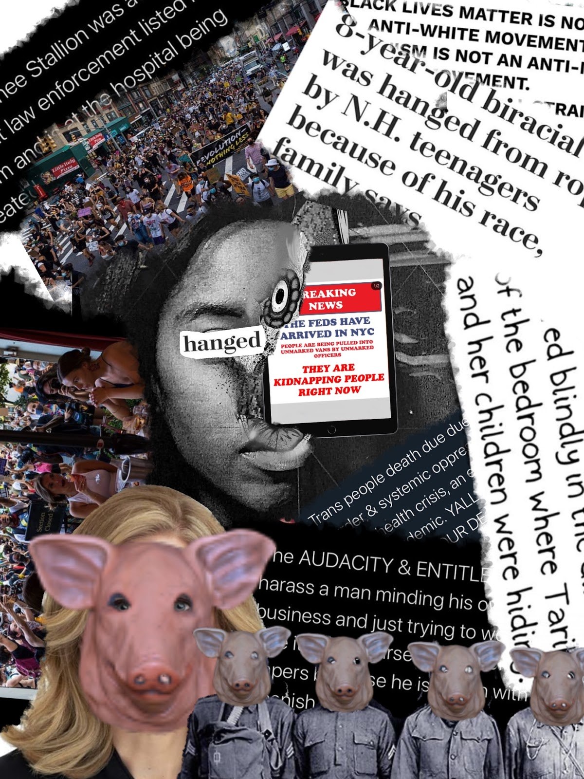 A collage of human bodies with pig faces and text from news articles relating to violence