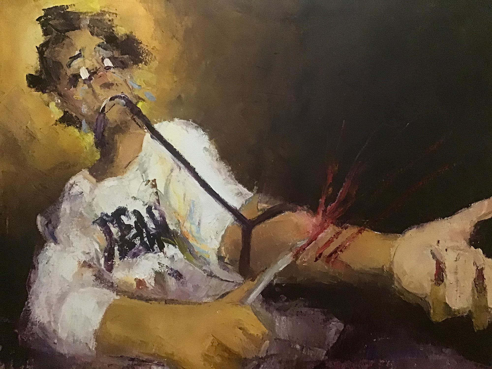 A painting of a person cutting their arm