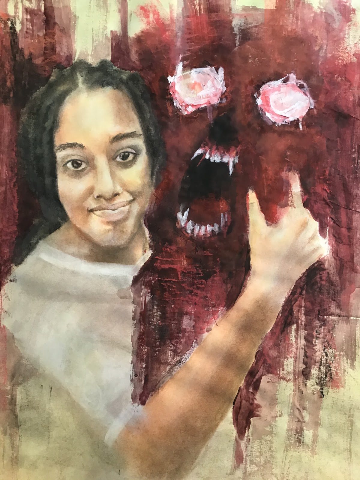 A painting of a person with a screaming figure