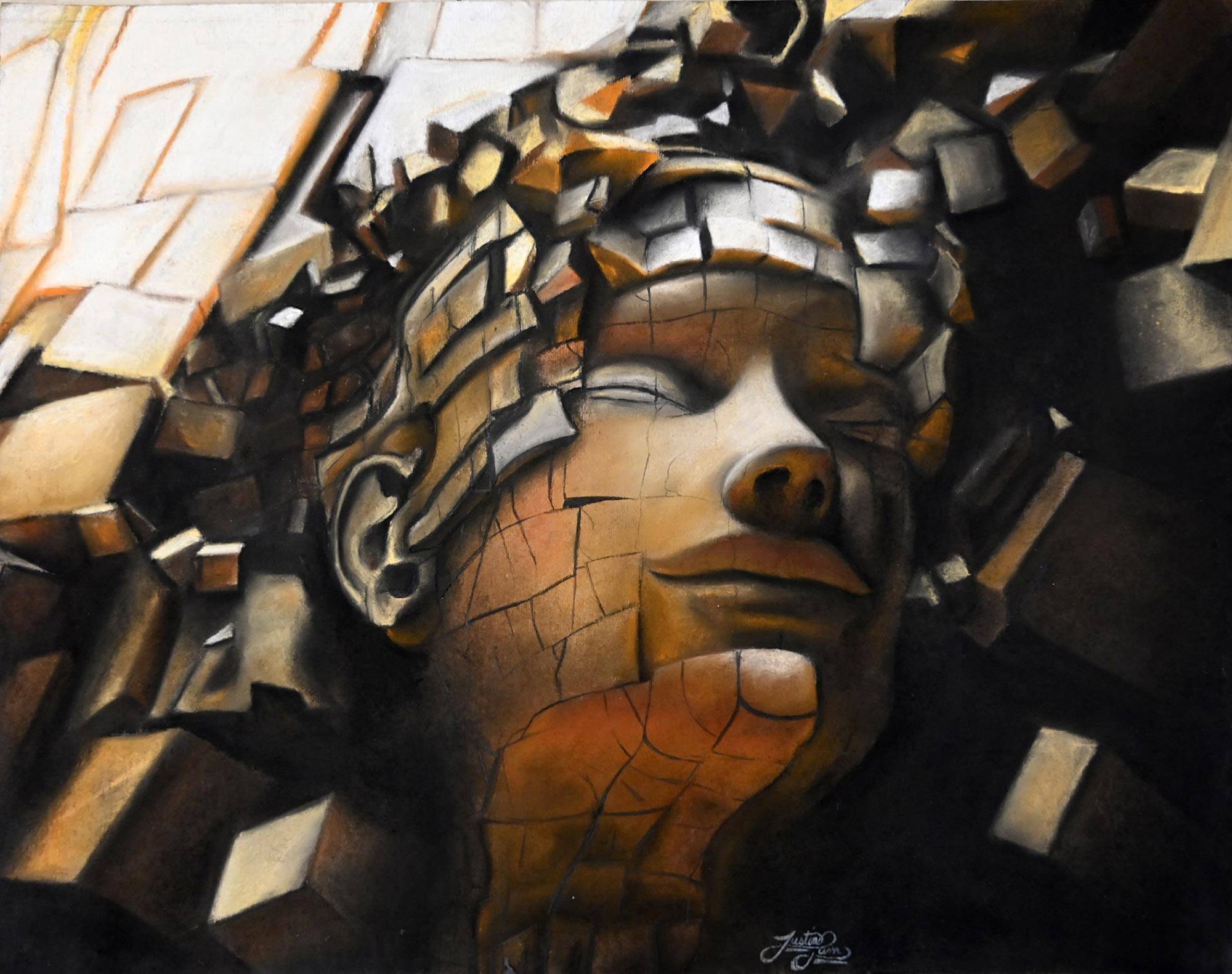 A painting of a person 's head crumbing into blocks