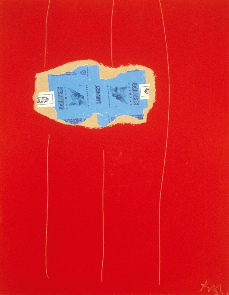 A collage featuring fragments of a Gauloises cigarette package on a red background