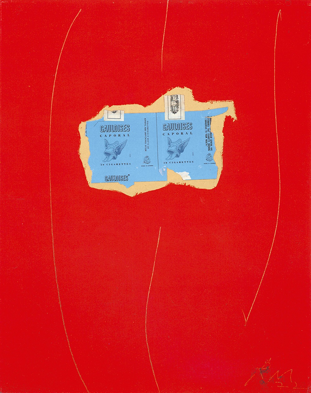 A collage featuring fragments of a Gauloises cigarette package on a red background