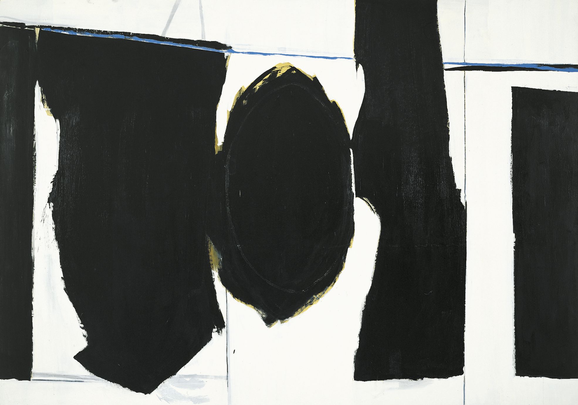 Black and White with Yellow (later known as Elegy to the Spanish Republic), 1958/ca. 1962/ca. 1982. Oil, Magna, and charcoal on canvas, 69 x 98 inches (175.3 x 248.9 cm)