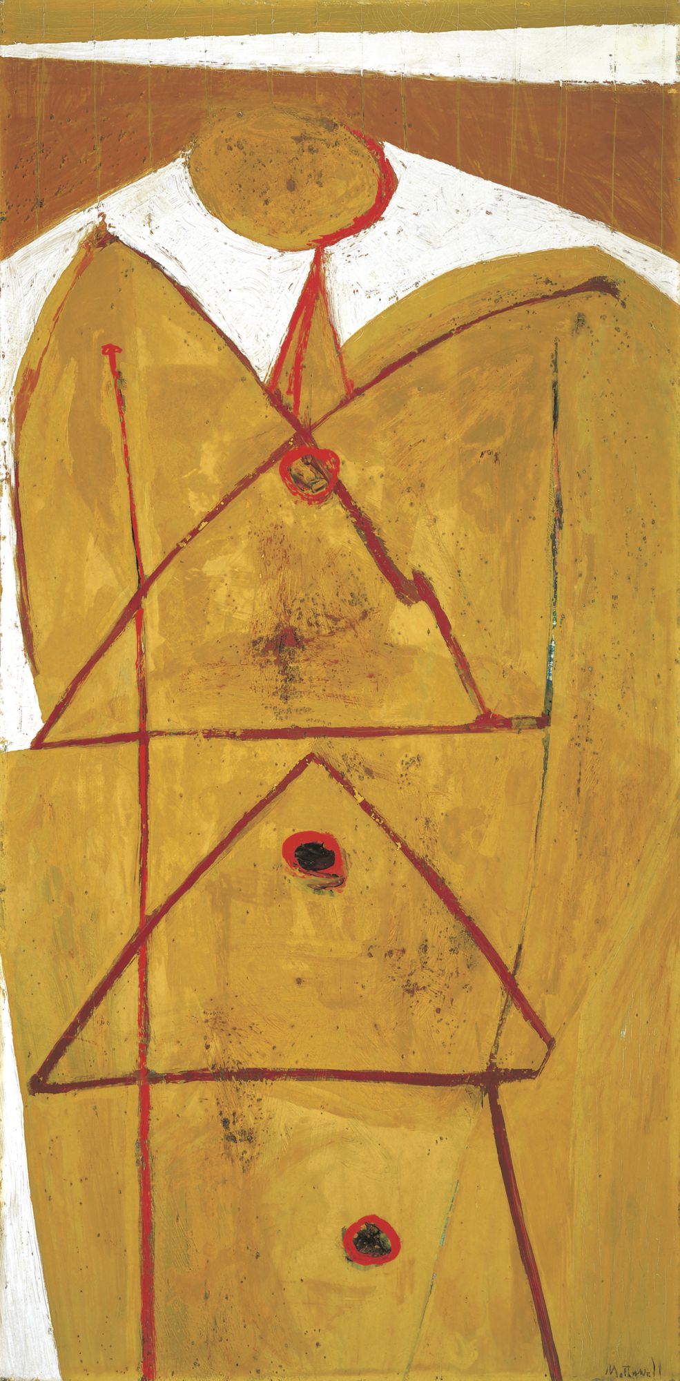 a vertical painting in mostly ochre with triangular shapes