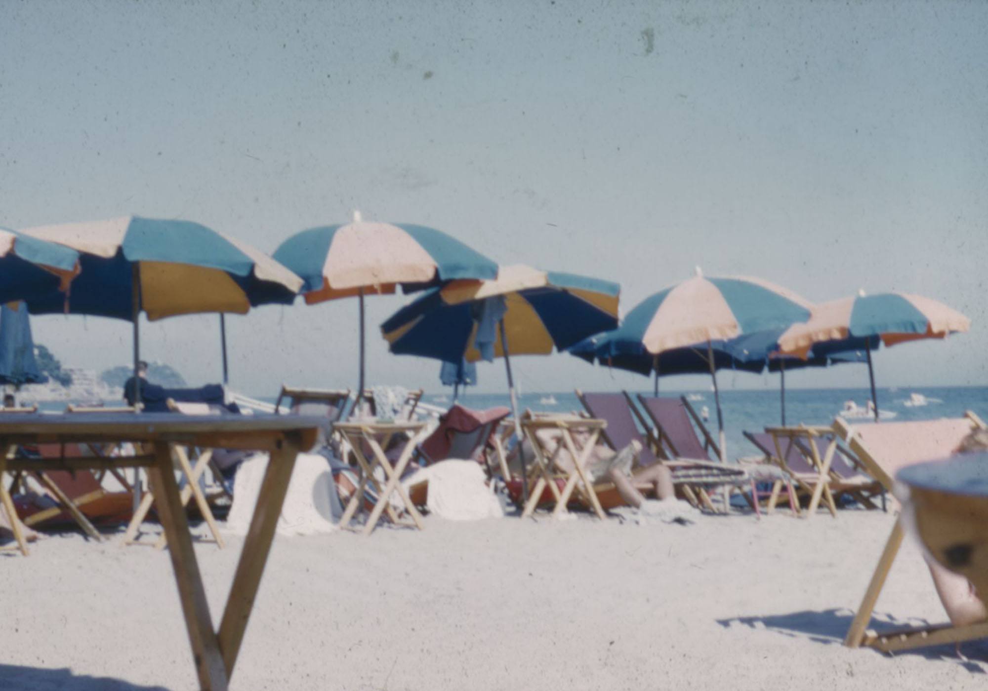 Beach unbrellas in Alassio, Italy, Summer 1960