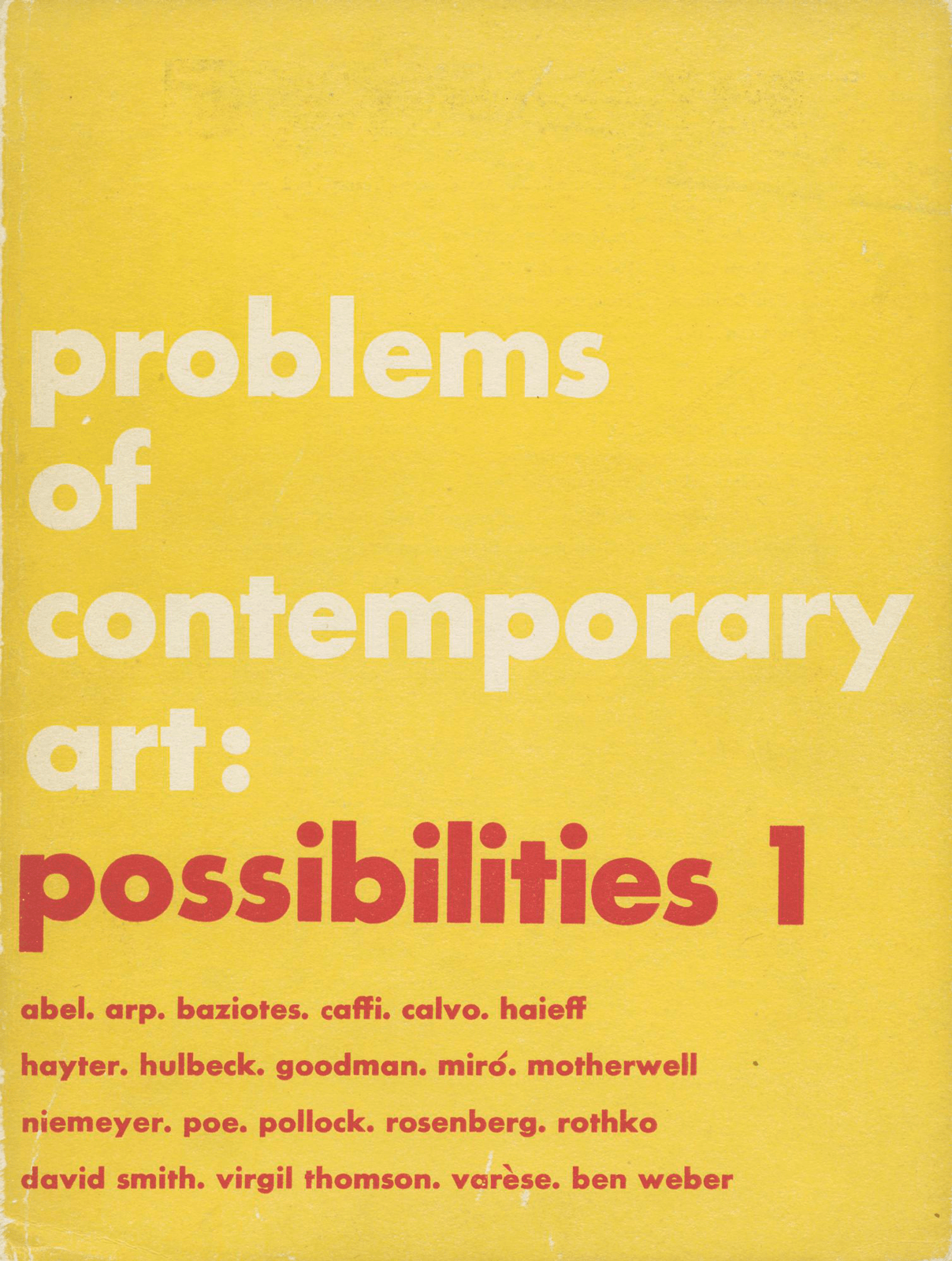 Cover of Possibilities I, 1947, Features white and red text on a yellow background.