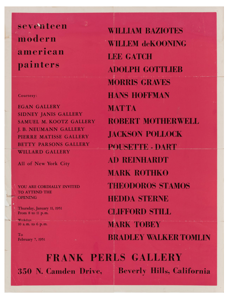 Exhibition poster for Seventeen Modern American Painters at Frank Perls Gallery, 1951. Features black text on a bright pink background.