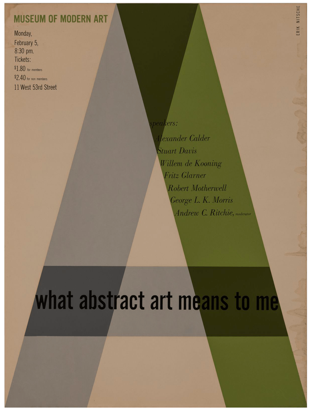 Poster for the panel What Abstract Art Means to Me, 1951. Features a green and grey design on an off white background.