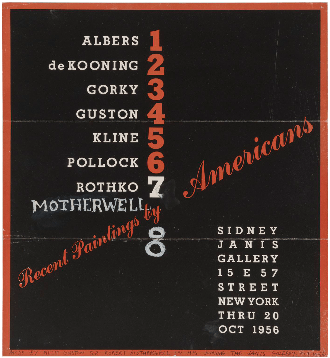 Poster for Recent Paintings by 8 Americans, Sidney Janis Gallery, New York, October 1956. Features red and white text on a black background. Motherwell's name is painted on.